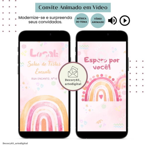 Convite Arco Iris Rosa em Vídeo Animado com Música Digital
