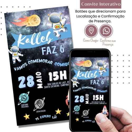 Convite Astronauta Aquarela Digital Interativo Virtual
