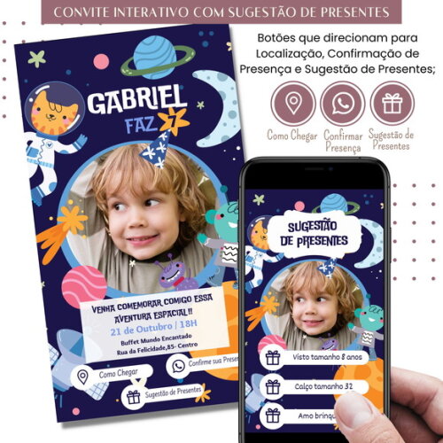 Convite Astronauta Digital Interativo Sugestão de Presente