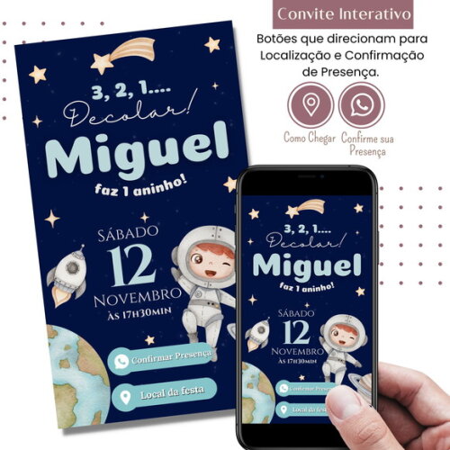 Convite Astronauta Digital Interativo Virtual Aniversário
