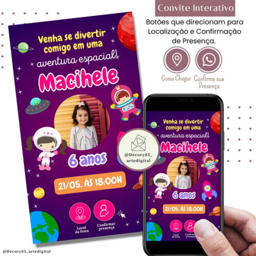 Convite Astronauta Menina Digital Interativo Virtual