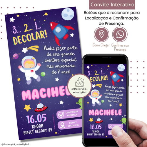 Convite Astronauta Menina Digital Interativo Virtual