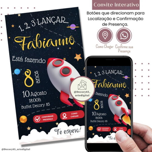 Convite Astronauta Foguete Digital Interativo Virtual