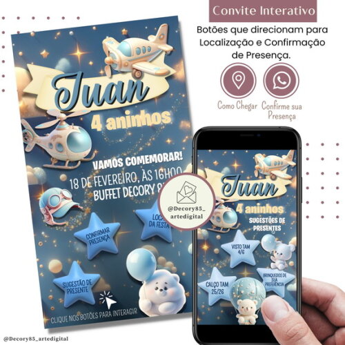 Convite Aviador Avião Digital Sugestão de Presente