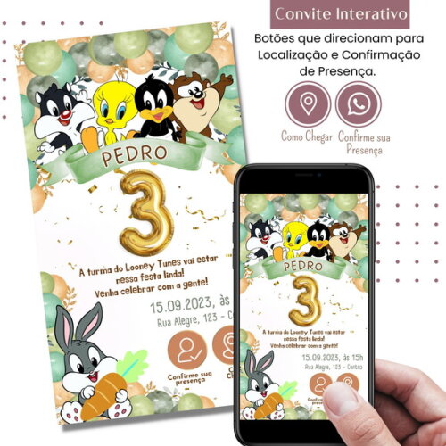 Convite Baby Looney Tunes Menino Digital Interativo Virtual