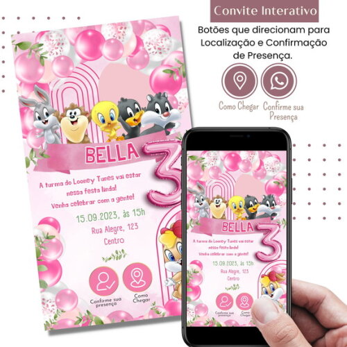 Convite Baby Looney Tunes Rosa Digital Interativo Virtual