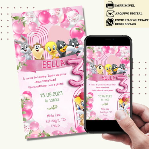 Convite Baby Looney Tunes Rosa Digital Virtual
