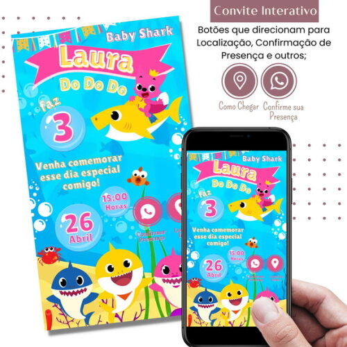 Convite Baby Shark Rosa Digital Interativo Virtual