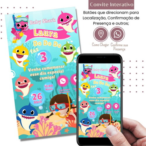 Convite Baby Shark Rosa Digital Interativo Virtual