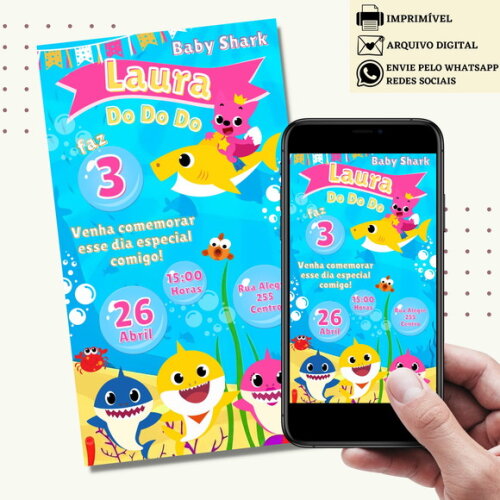 Convite Baby Shark Rosa Digital Virtual