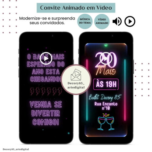 Convite Baile Funk Neon em Vídeo Animado com Música Digital