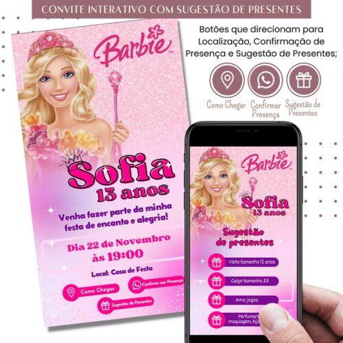Convite Barbie Digital Interativo Sugestão de Presente