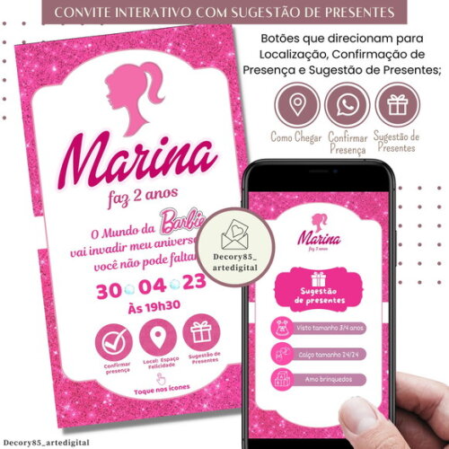 Convite Barbie Digital Interativo Sugestão de Presente