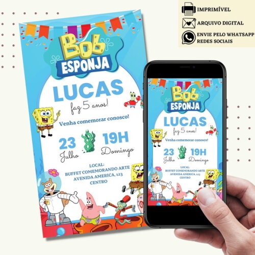 Convite Bob Esponja Digital Virtual Aniversário