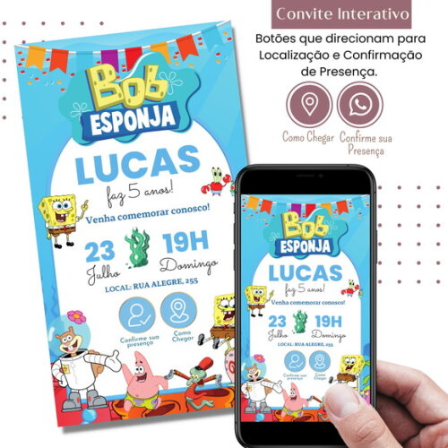 Convite Bob Esponja Digital Interativo Virtual
