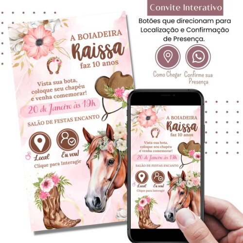 Convite Boiadeira Cowgirl Country Digital Virtual Interativo