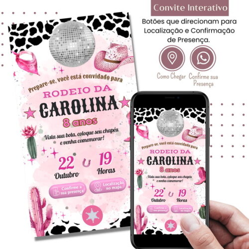 Convite Boiadeira Cowgirl Country Digital Virtual Interativo