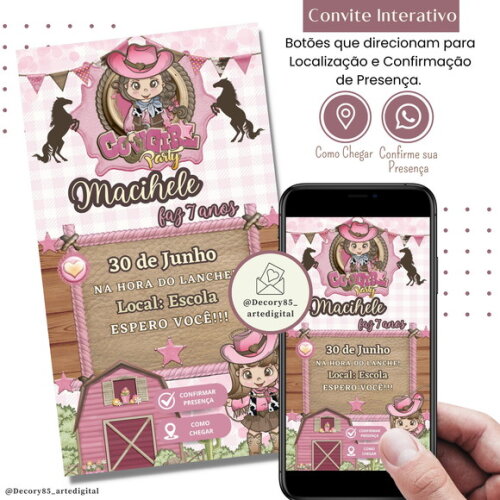 Convite Boiadeira Cowgirl Country Digital Virtual Interativo