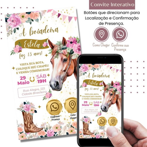 Convite Boiadeira Cowgirl Country Digital Virtual Interativo