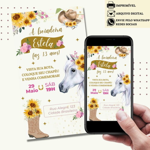 Convite Boiadeira Cowgirl Country Sertanejo Digital Virtual