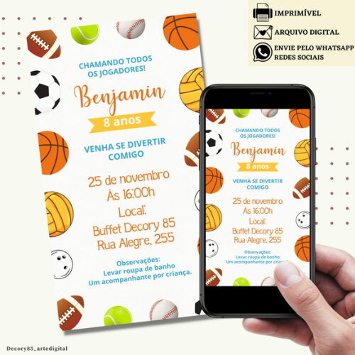 Convite Bolas Esportivas Digital Virtual Aniversário