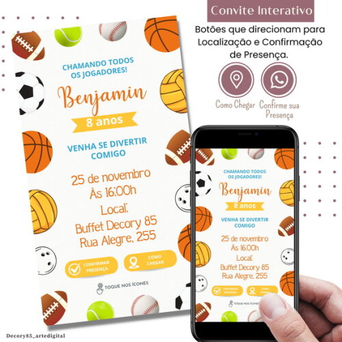 Convite Bolas Esportivas Digital Interativo Virtual