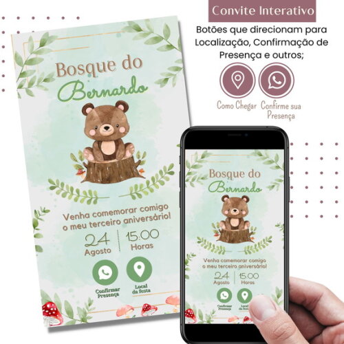 Convite Bosque Ursinho Digital Interativo Virtual