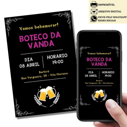 Convite Boteco Bar Churrasco Rosa Digital Virtual