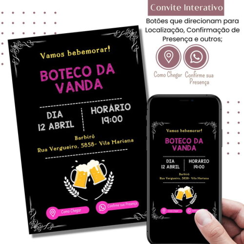 Convite Boteco Rosa Churrasco Digital Interativo Virtual