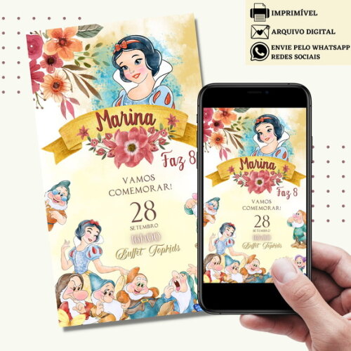 Convite Branca de Neve Aquarela Digital Virtual