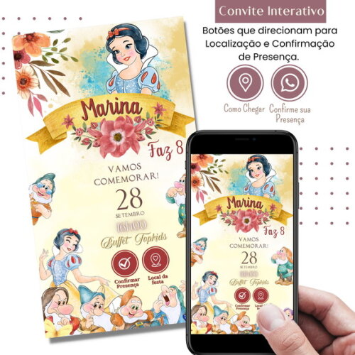 Convite Branca de Neve Aquarela Digital Interativo Virtual