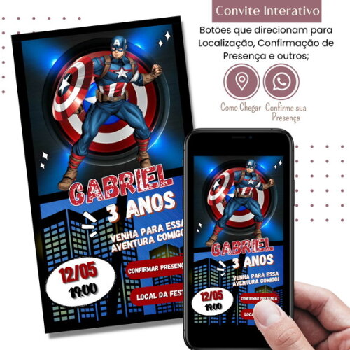 Convite Capitão América Vingadores Interativo Digital