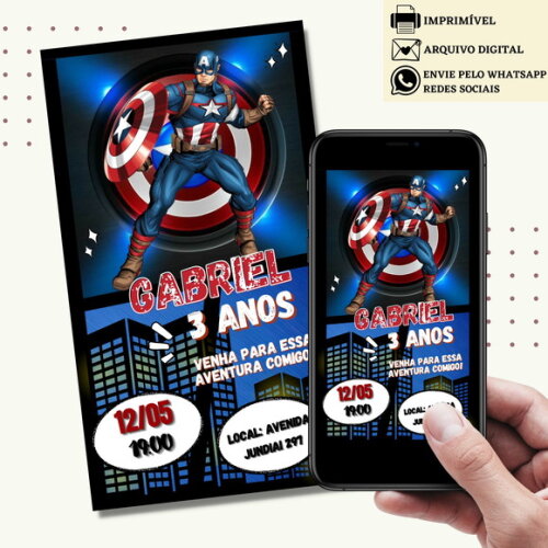 Convite Capitão América Vingadores Digital Virtual