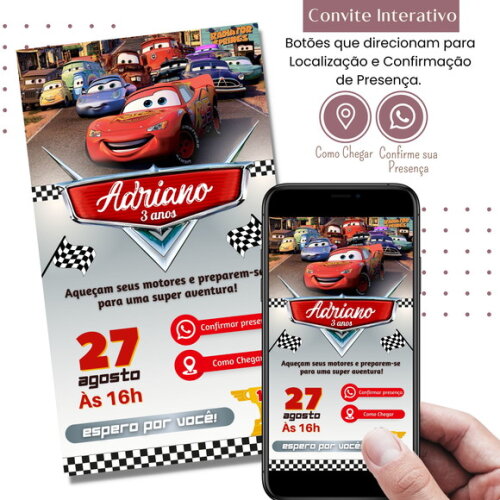 Convite Carros Digital Interativo Virtual Mcqueen Mater