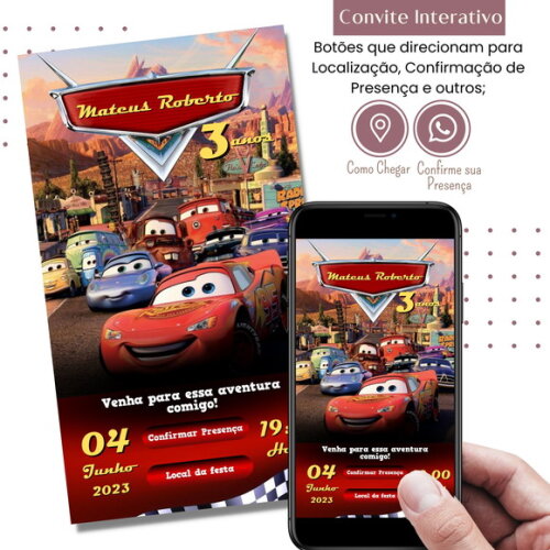 Convite Carros Digital Interativo Virtual Mcqueen