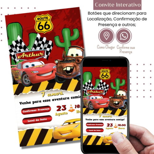 Convite Carros Digital Interativo Virtual Mcqueen Mater