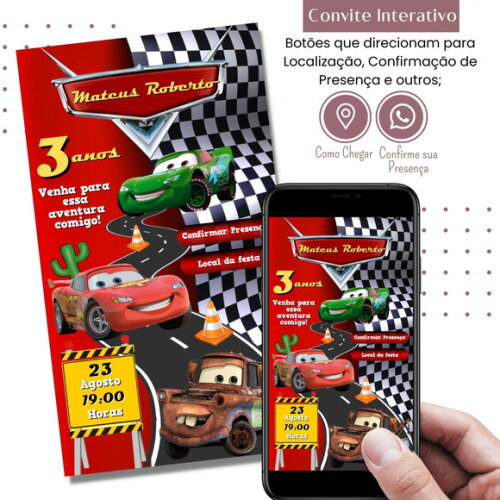 Convite Carros Digital Interativo Virtual Mcqueen Mater