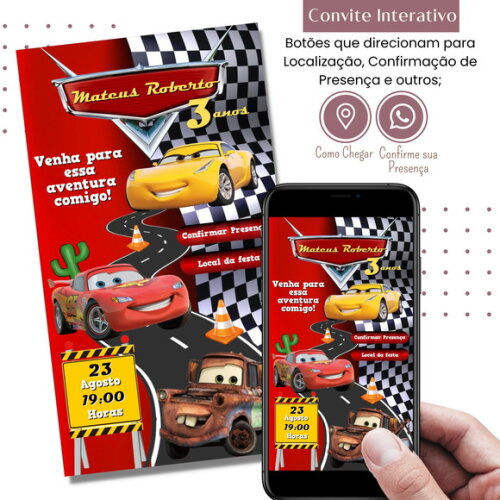 Convite Carros Digital Interativo Virtual Mcqueen Mater