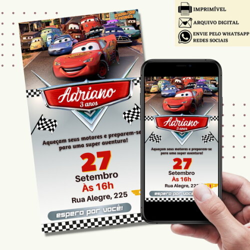 Convite Carros Digital Virtual Mcqueen Mater