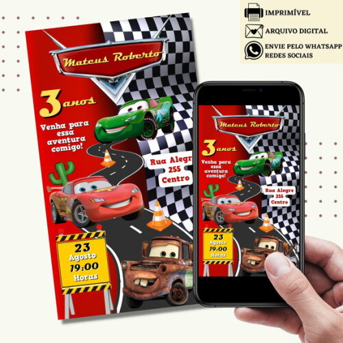 Convite Carros Digital Virtual Mcqueen Mater