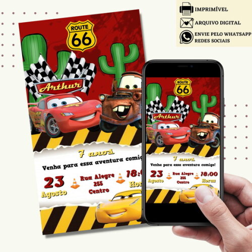 Convite Carros Digital Virtual Mcqueen Mater