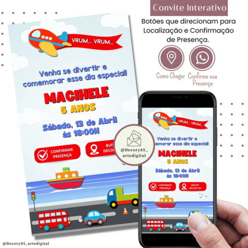 Convite Carros Meios de Transporte Digital Interativo