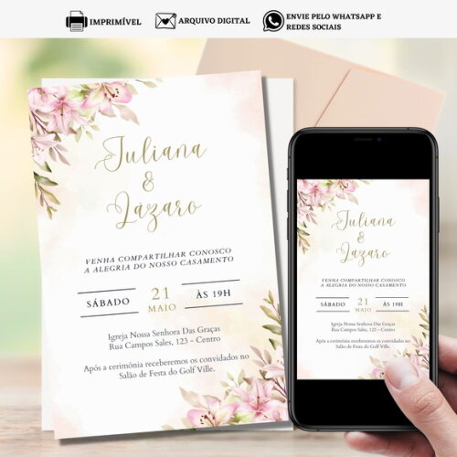Convite Casamento Arte Digital para Imprimir Floral Flores