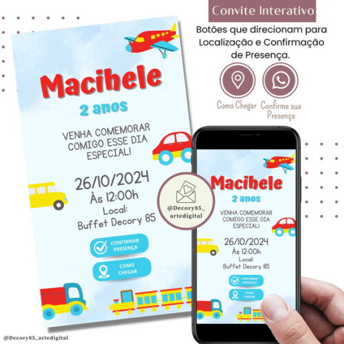 Convite Carros Meios de Transporte Digital Interativo