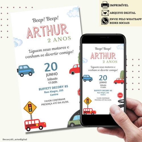Convite Carros Meios de Transporte Digital Virtual