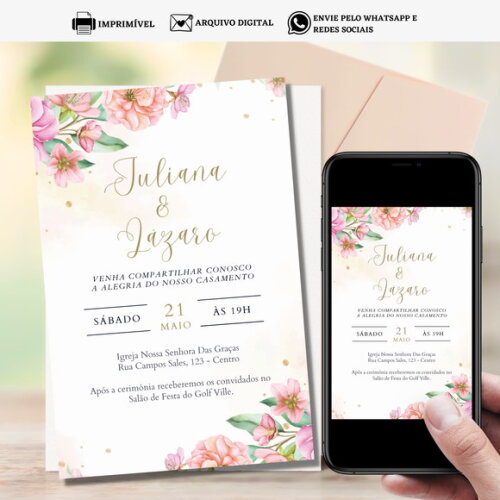 Convite Casamento Arte Digital para Imprimir Floral Flores