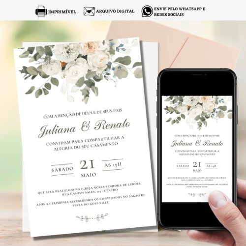 Convite Casamento Arte Digital para Imprimir Floral Flores