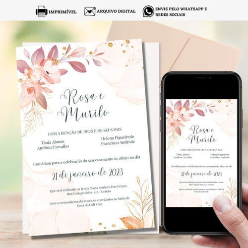 Convite Casamento Arte Digital para Imprimir Floral Flores