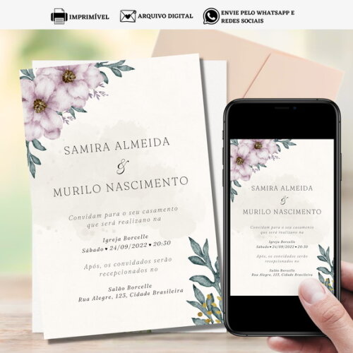 Convite Casamento Arte Digital para Imprimir Floral Flores