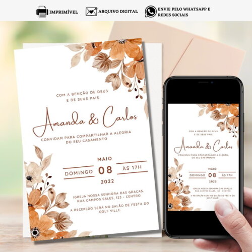 Convite Casamento Arte Digital para Imprimir Floral Flores